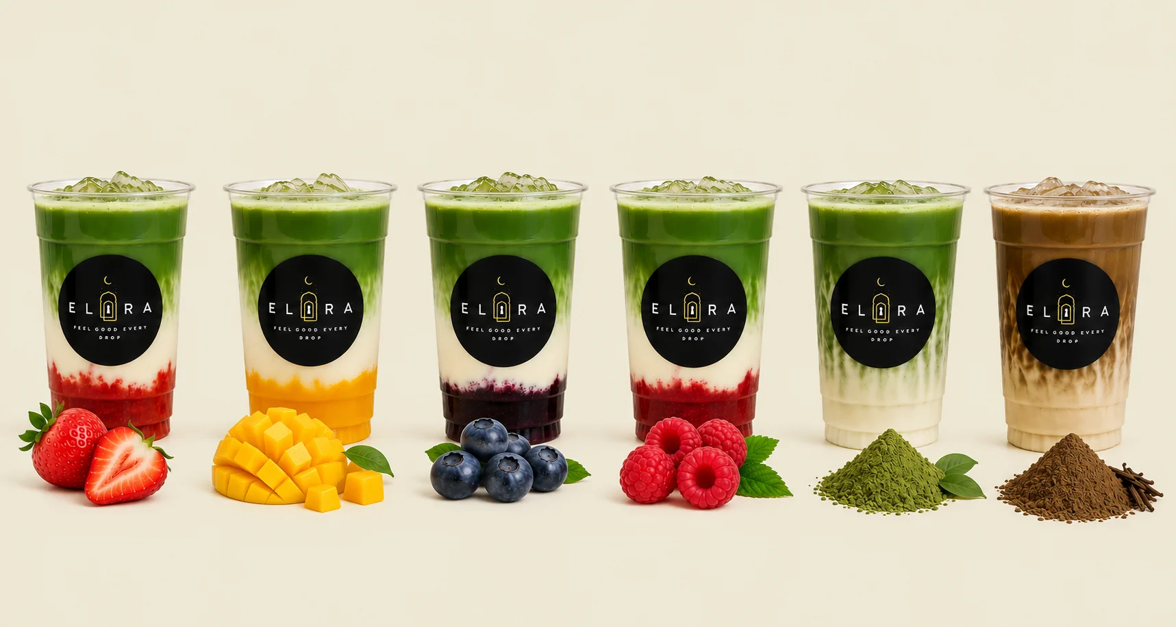 Matcha Bar Getränke für Events mit Matcha Strawberry Latte, Matcha Mango Latte, Matcha Blueberry Latte, Matcha Raspberry Latte, Classic Matcha Latte und Hojicha Latte von Elira Drops