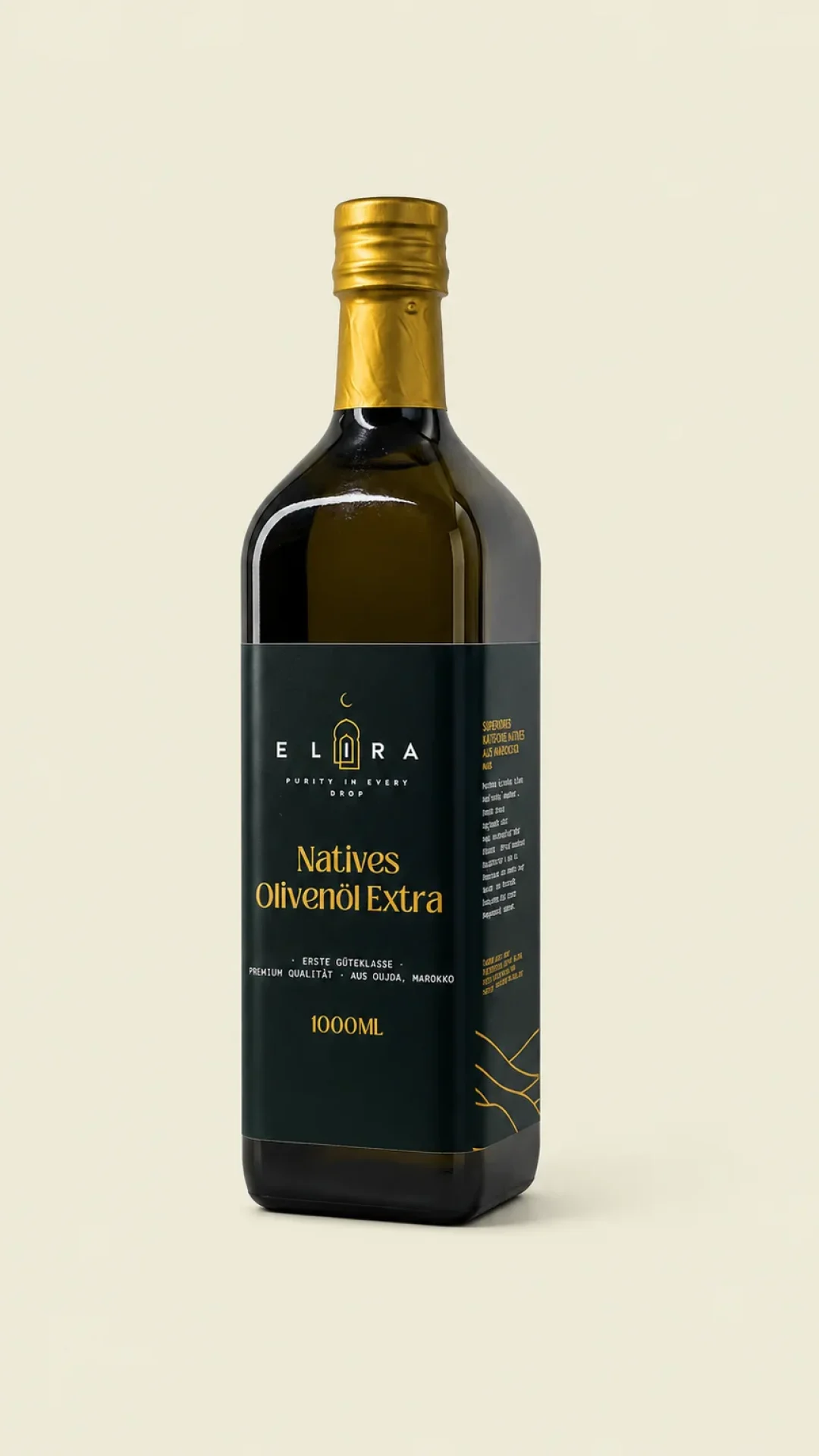 1-Liter-Flasche Elira Natives Olivenöl Extra mit hochwertigem Etikett und lichtgeschützter Verpackung